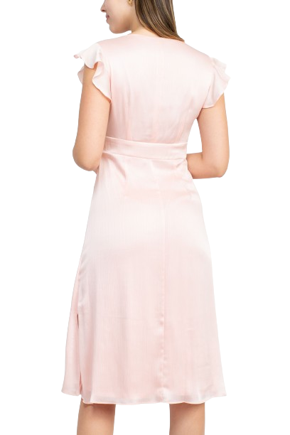 V-Neck Button Down Ruffle Sleeve Banded Waist Slit Side Crepe Dress