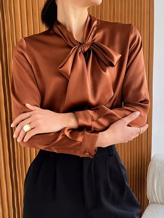 Women's Straight Bowknot Collar Long Sleeve Solid Minimalist Blouse