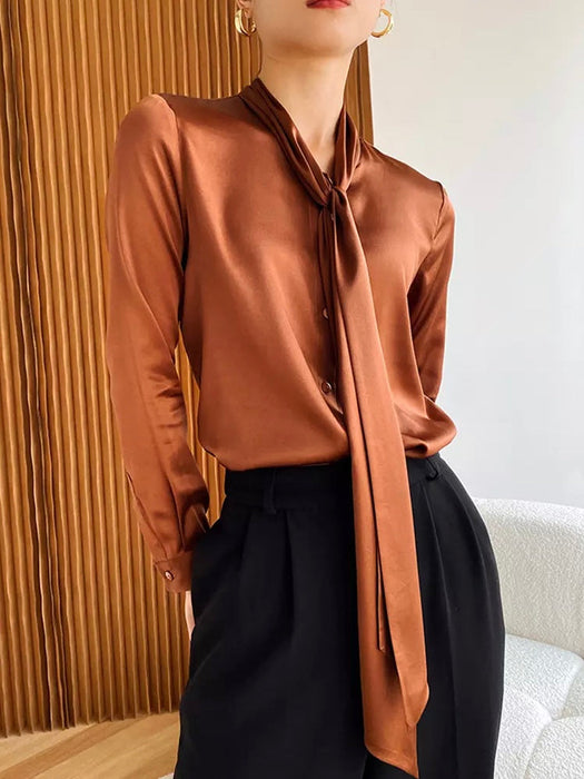 Women's Straight Bowknot Collar Long Sleeve Solid Minimalist Blouse