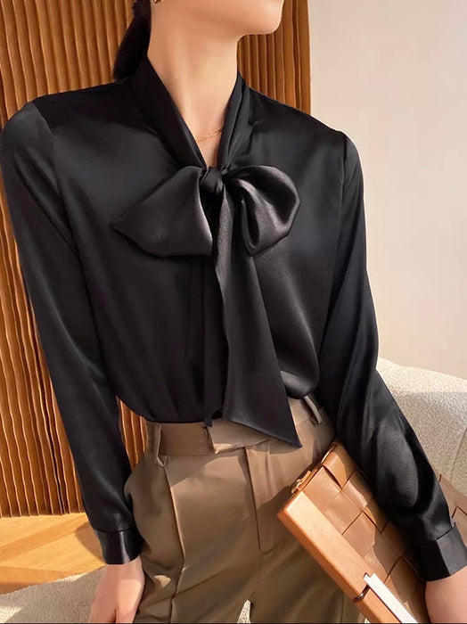 Women's Straight Bowknot Collar Long Sleeve Solid Minimalist Blouse