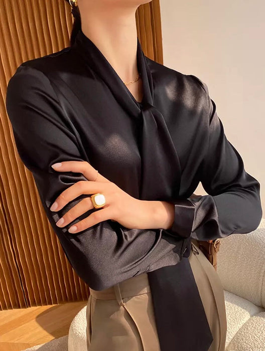 Women's Straight Bowknot Collar Long Sleeve Solid Minimalist Blouse