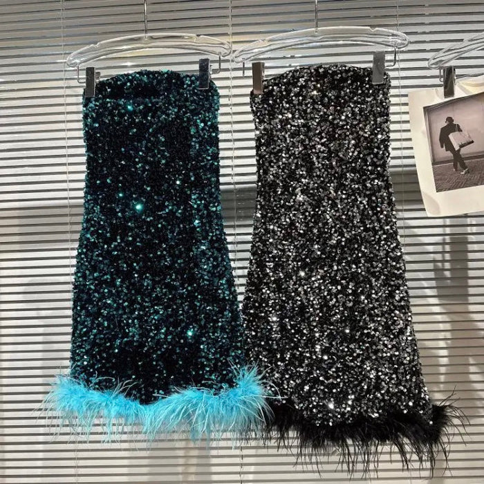 Strapless Feather Sequined Tube Dress