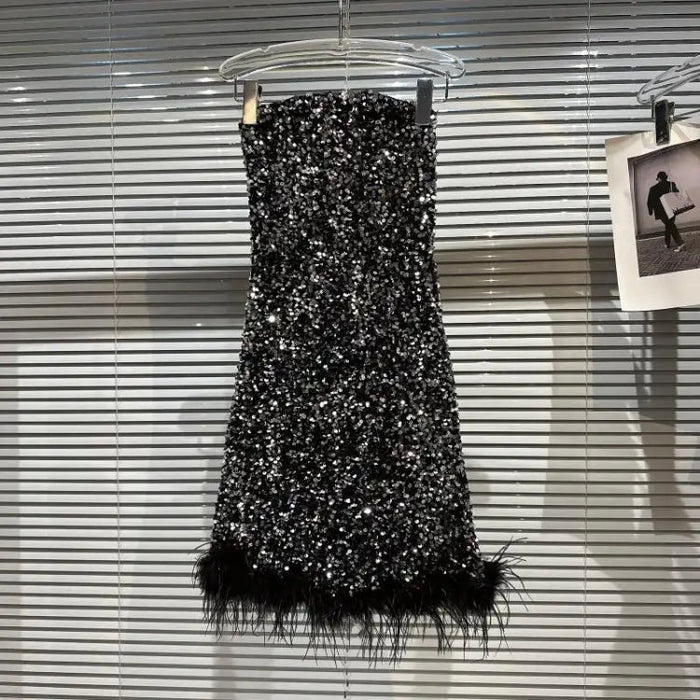 Strapless Feather Sequined Tube Dress