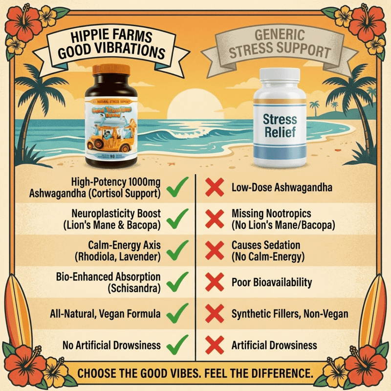 Hippie Farms Stress Support - Good Vibrations Blend - Ashwagandha, Lions Mane, & More Vitamins & Supplements
