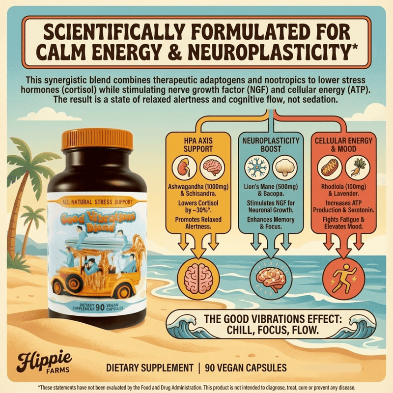 Hippie Farms Stress Support - Good Vibrations Blend - Ashwagandha, Lions Mane, & More Vitamins & Supplements