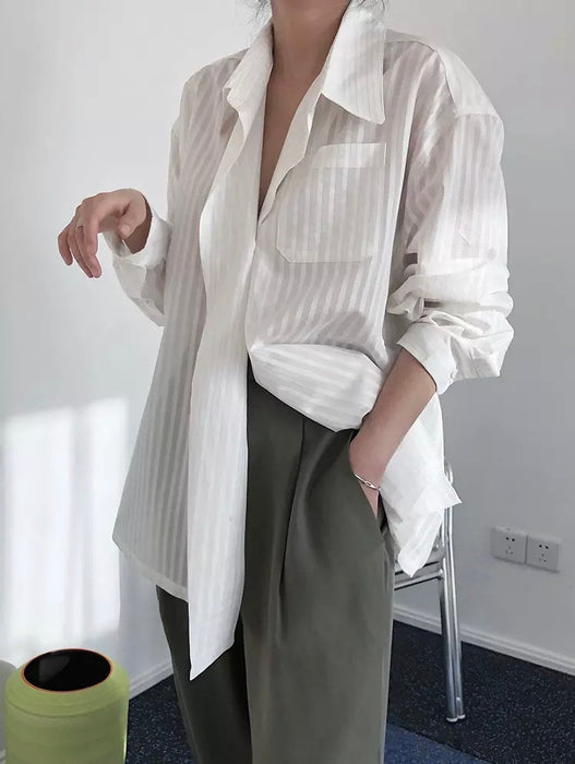 Women's Striped Lapel Long Sleeve Loose Casual Blouse