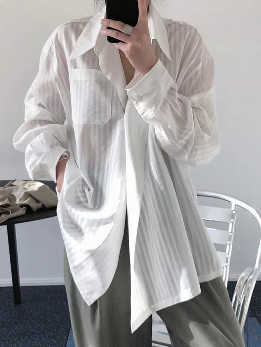 Women's Striped Lapel Long Sleeve Loose Casual Blouse