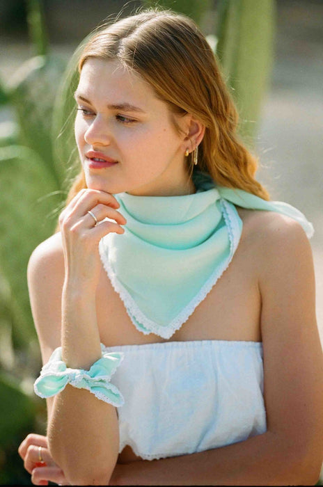 The Mint Silk Penelope Bandana and Bow Tie Lace Scrunchy Set