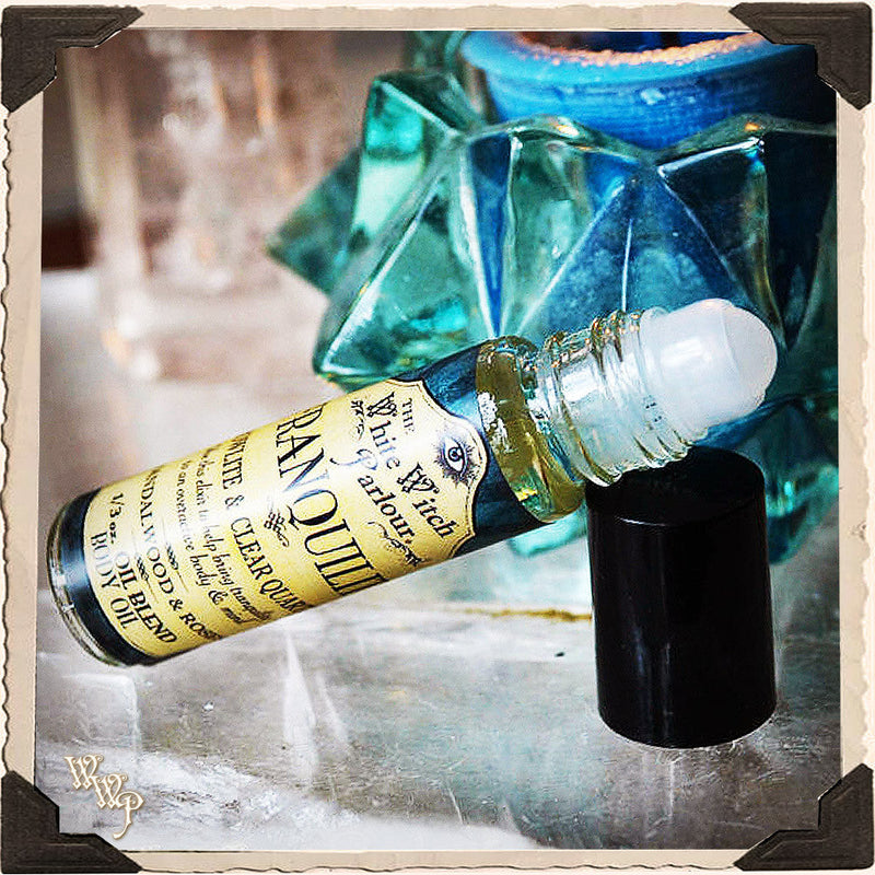 WhiteWitchParlour.com TRANQUILITY Elixir 1/3oz. BODY OIL Rollon. Scent of Sandalwood and Roses. Blessed by Howlite and Clear Quartz Crystals. aromatherapy, perfume, oils