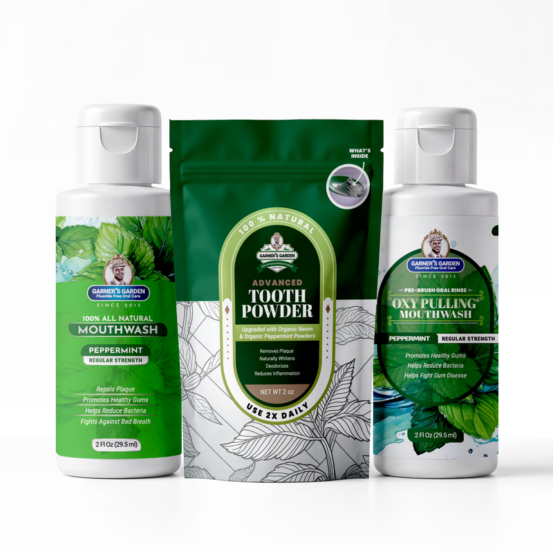 Garner's Garden Travel Sized Oral Care Trio | Trio | H2O2 | Fluoride Free Oral Care White Smoke Peppermint / 2oz Rinses / Regular Strength + 2oz Organic Tooth Powder,Peppermint / 2oz Rinses / Reduced Strength + 2oz Organic Tooth Powder,Peppermint / 4oz Rinses / Regular Strength + 2oz Organic Tooth Powder,Peppermint / 4oz Rinses / Reduced Strength +