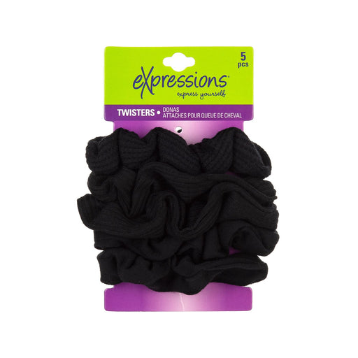 Expressions Terry Twister Scrunchies - Black, 5 Pack Ponytail Holders Black