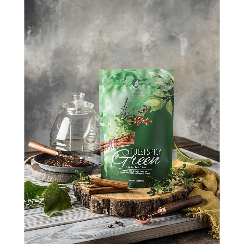 Gardenika Shop Tulsi Spicy Chai Green Loose Tea, Natural Energy & Focus Support - Ayurvedic Blend with Tulsi (Holy Basil) - Cinnamon & Cloves - Low Caffeine - Organic & Kosher Loose Leaf Tea