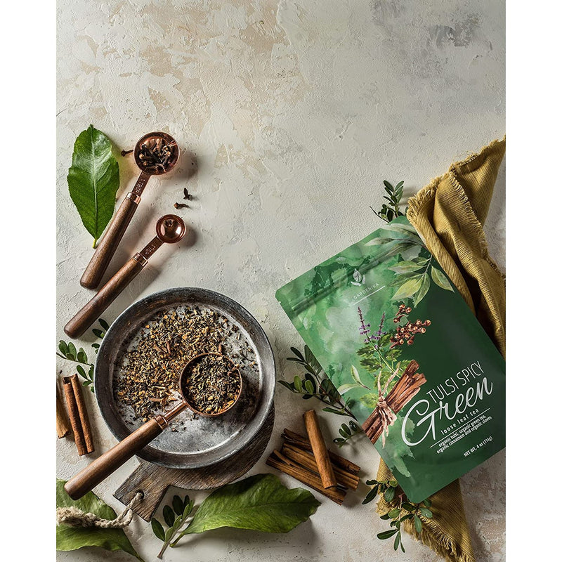 Gardenika Shop Tulsi Spicy Chai Green Loose Tea, Natural Energy & Focus Support - Ayurvedic Blend with Tulsi (Holy Basil) - Cinnamon & Cloves - Low Caffeine - Organic & Kosher Loose Leaf Tea