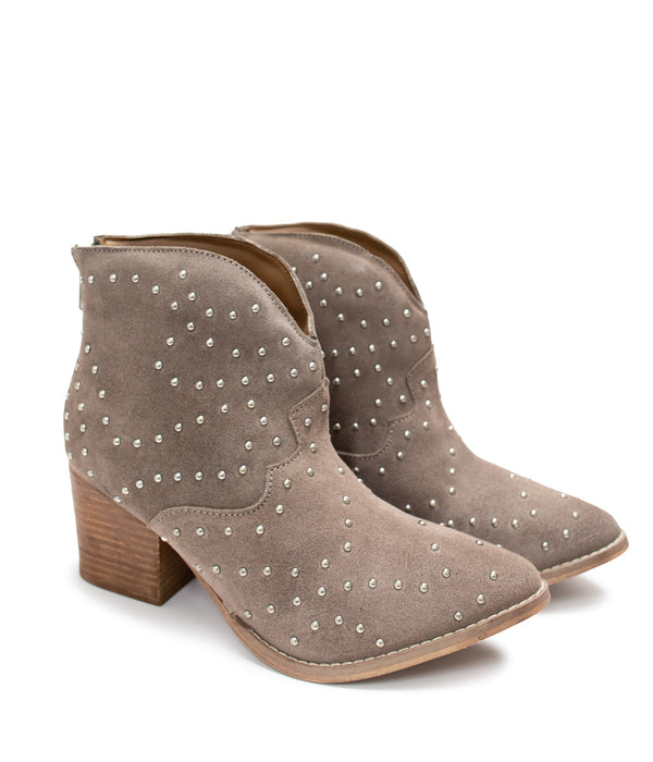 Studded Heeled Ankle Boot in Taupe