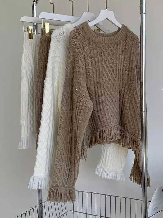 Two Piece Knitting Set Women Long Sleeve Sweater High Waist Mini Skirt With Tassels