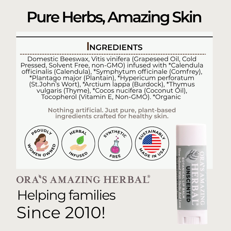 Ora's Amazing Herbal Natural Unscented Lip Balm, Fragrance Free Lip Balm Face Care
