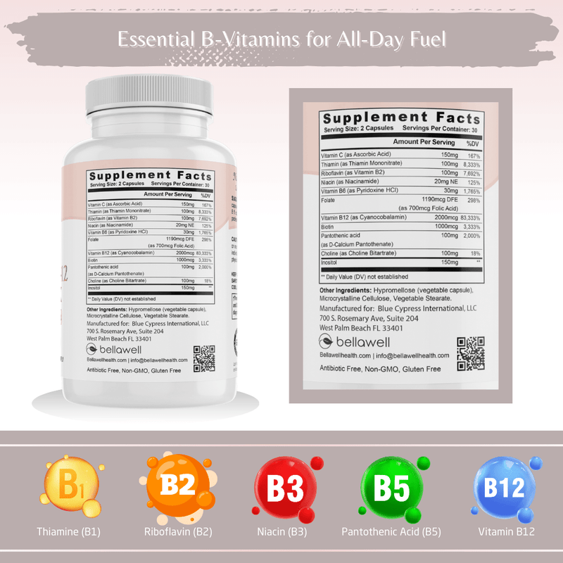 Bellawell Health Vitamin B-Complex With Folate by Bellawell Capsules White Smoke