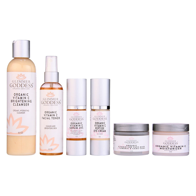 Glimmer Goddess® Organic Skin Care Vitamin C 6-Step Anti-Aging System – Complete Brightening Routine with SPF 30 Gift Packs & Value Sets