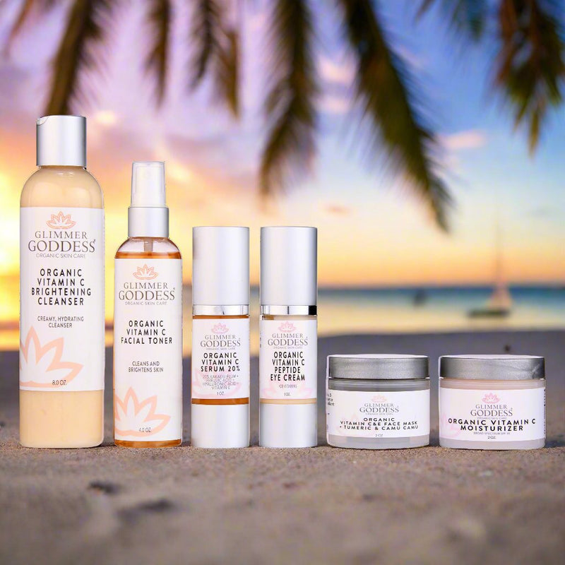 Glimmer Goddess® Organic Skin Care Vitamin C 6-Step Anti-Aging System – Complete Brightening Routine with SPF 30 Gift Packs & Value Sets