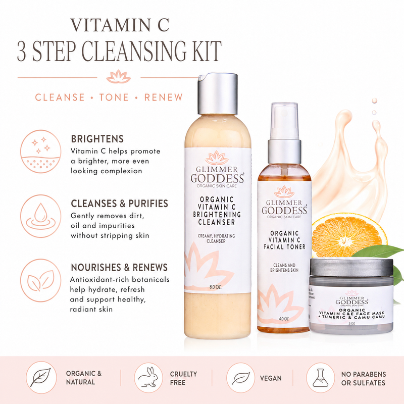 Glimmer Goddess® Organic Skin Care Vitamin C Brighter Skin 3-Step Cleansing Kit Gift Packs & Value Sets White Smoke