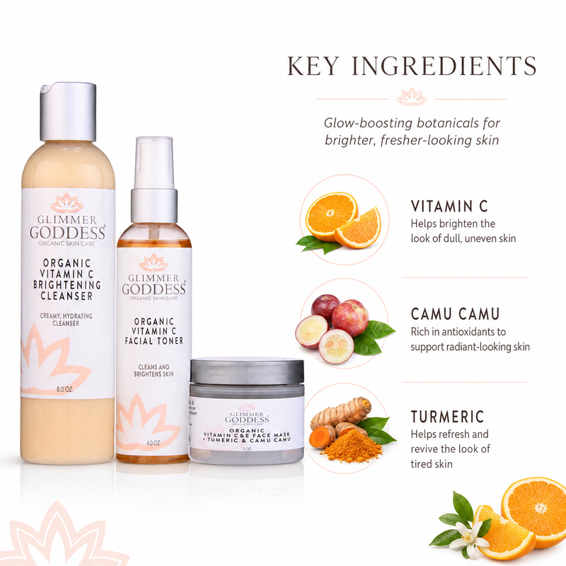 Glimmer Goddess® Organic Skin Care Vitamin C Brighter Skin 3-Step Cleansing Kit Gift Packs & Value Sets White Smoke