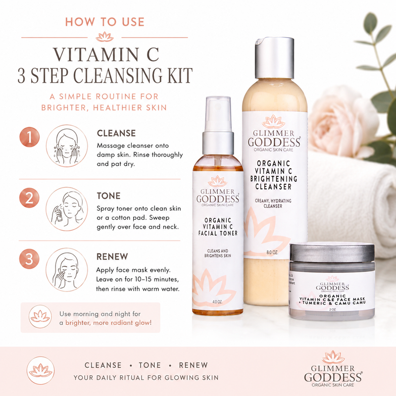 Glimmer Goddess® Organic Skin Care Vitamin C Brighter Skin 3-Step Cleansing Kit Gift Packs & Value Sets White Smoke