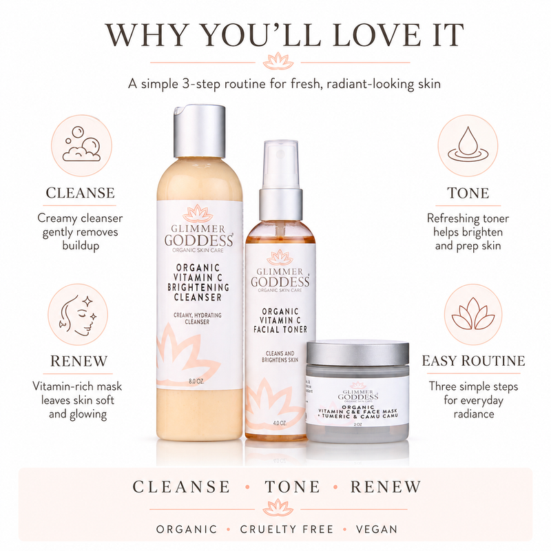 Glimmer Goddess® Organic Skin Care Vitamin C Brighter Skin 3-Step Cleansing Kit Gift Packs & Value Sets White Smoke