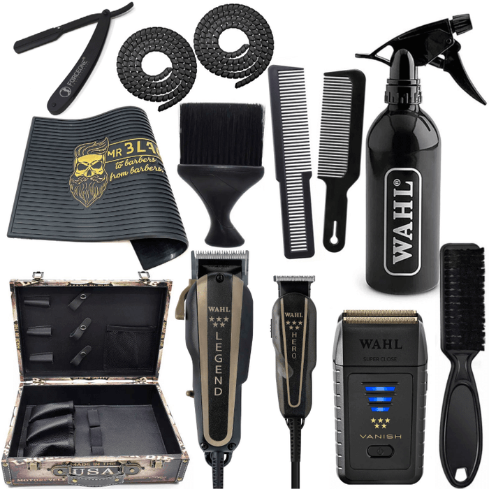 Professional Wahl Black Combo Set, Barber Combo Clipper & Trimmer #8180 & Cordless Vanish Shaver #8173-700, Hair Spray, Barber Mat, Flat Top Comb 2X, Fade Brush, Straight Razor, Neck Duster, Barber Suitcase, Wire Protector