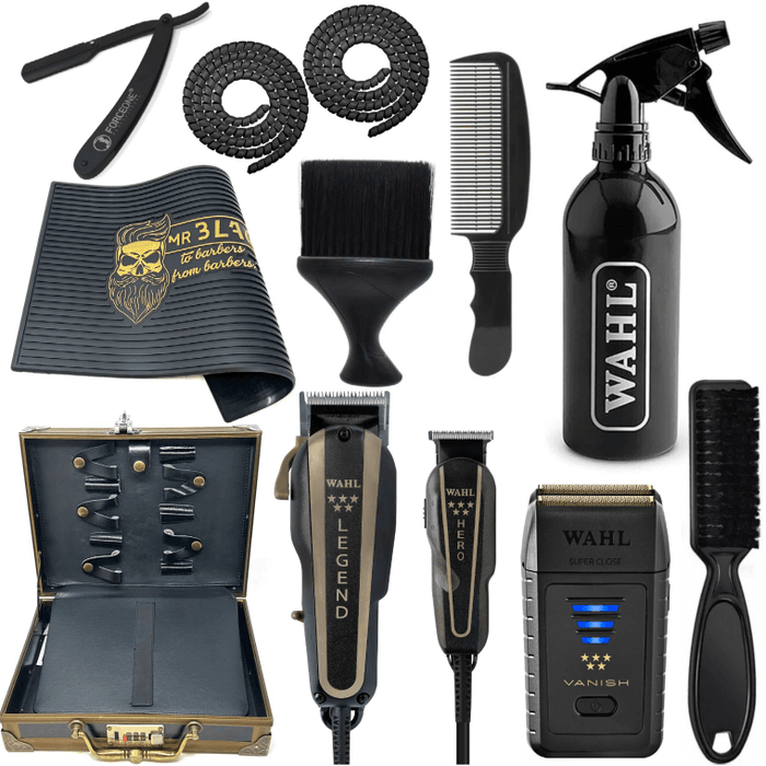 Professional Wahl Black Combo Set, Barber Combo Clipper & Trimmer #8180 & Cordless Vanish Shaver #8173-700, Hair Spray, Barber Mat, Flat Top Comb , Fade Brush, Straight Razor, Neck Duster, Barber Suitcase, Wire Protector