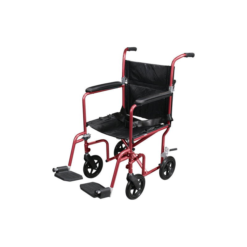 RIO Medical Supplies Flyweight Lightweight Transport Wheelchair with Removable Wheels, Red