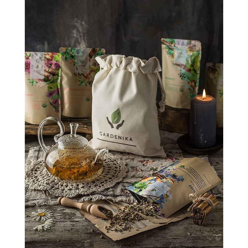 Gardenika Shop Gardenika Loose Leaf Herbal Tea Gift Sampler, USDA Organic, Caffeine Free, 120+ Cups – 5 Pack Loose Leaf Tea Sampler