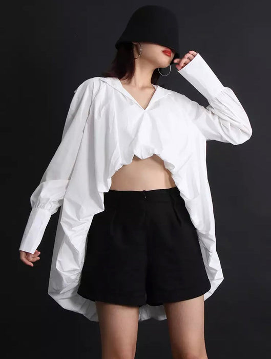 White Casual V Neck Long Sleeve Asymmetrical Blouse For Women