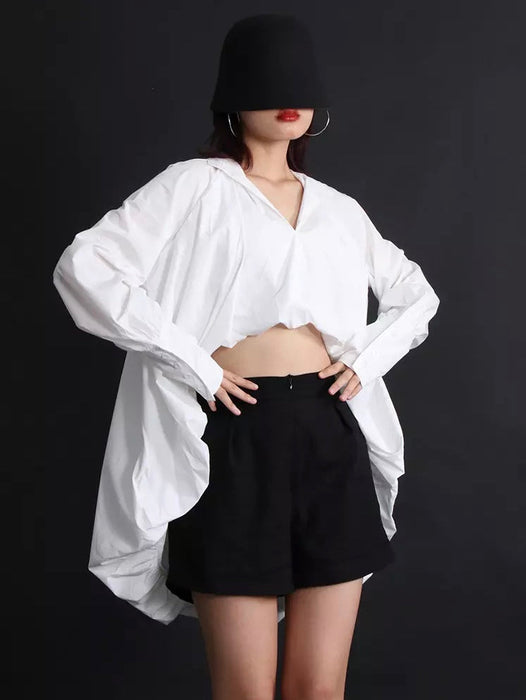 White Casual V Neck Long Sleeve Asymmetrical Blouse For Women