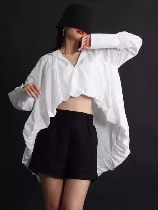 White Casual V Neck Long Sleeve Asymmetrical Blouse For Women