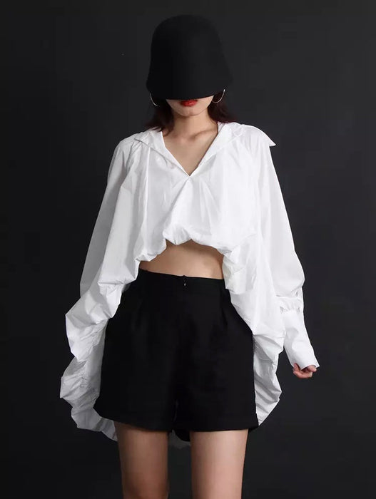 White Casual V Neck Long Sleeve Asymmetrical Blouse For Women