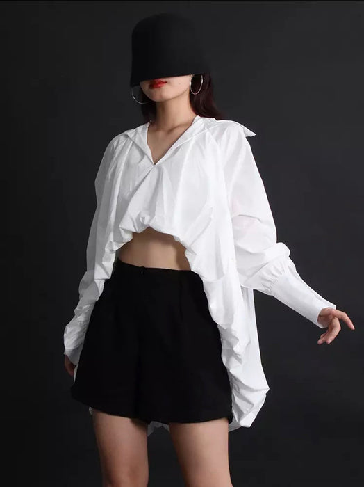 White Casual V Neck Long Sleeve Asymmetrical Blouse For Women