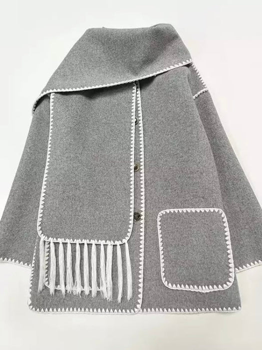 Winter Airy Commuter Embroidered White Edge Fringe Scarf High Quality Wool Jacket For Women