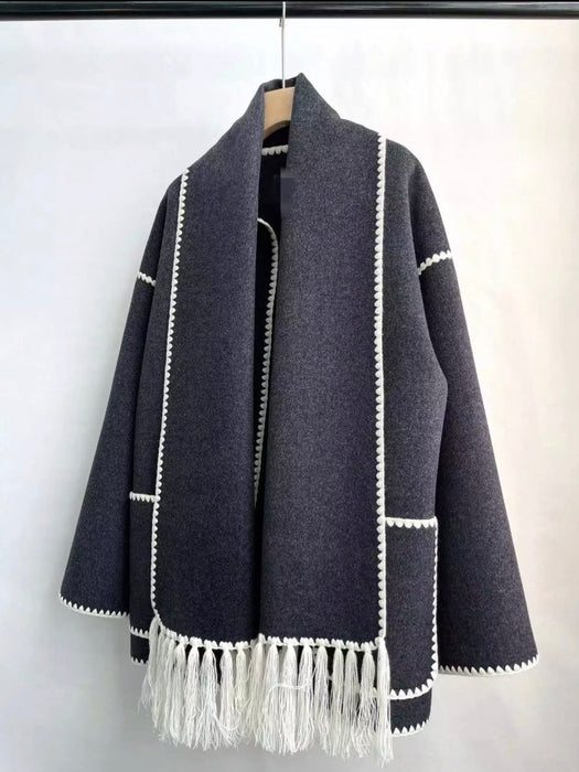 Winter Airy Commuter Embroidered White Edge Fringe Scarf High Quality Wool Jacket For Women