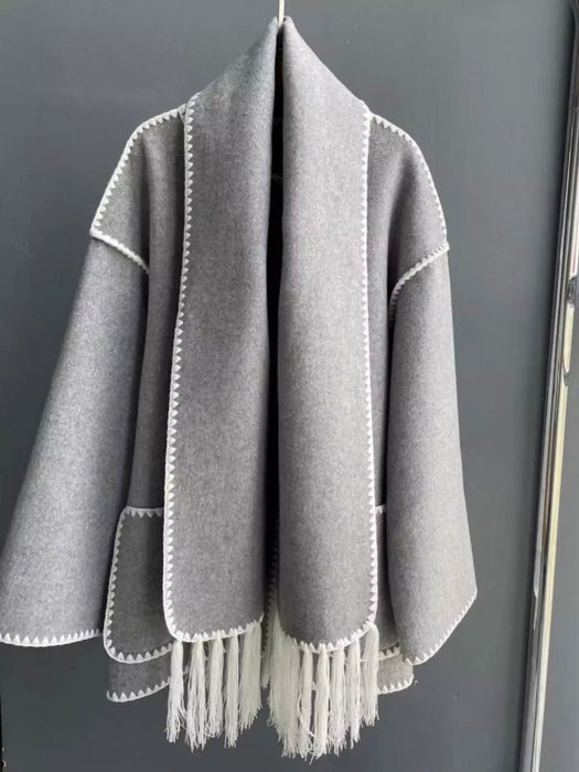 Winter Airy Commuter Embroidered White Edge Fringe Scarf High Quality Wool Jacket For Women