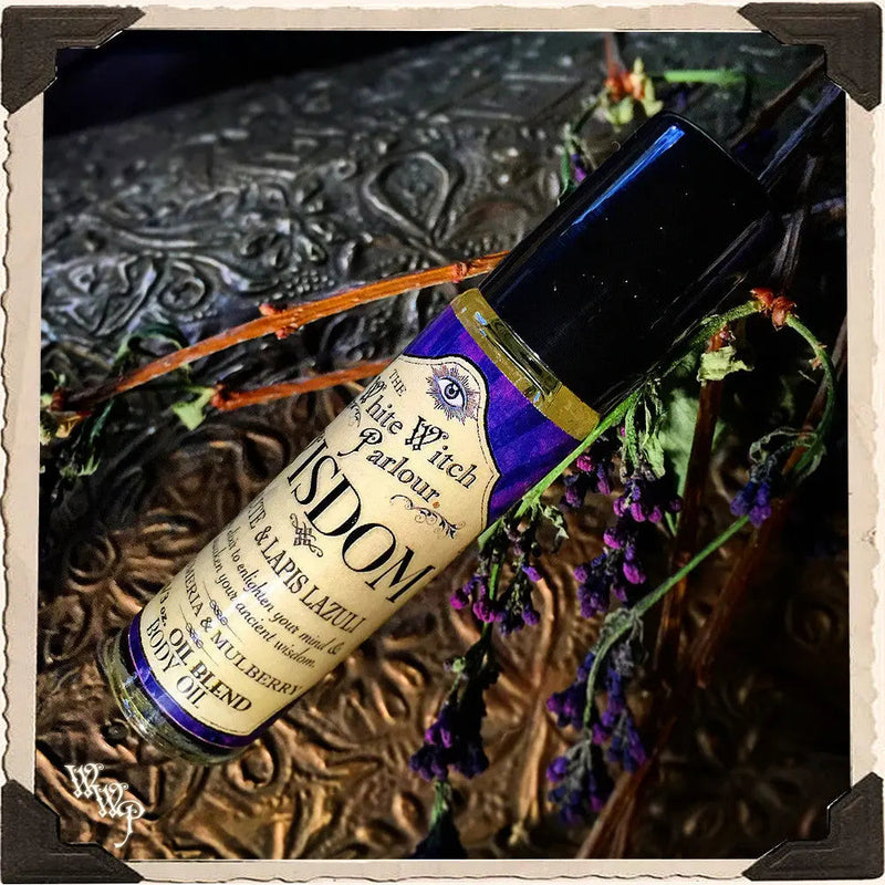 WhiteWitchParlour.com ( PRE-ORDER 2 week turnaround ) WISDOM Elixir 1/3oz. Body Oil Rollon. Plumeria & Mulberry Blessed with Iolite & Lapis Lazuli Crystals. aromatherapy, perfume, oils