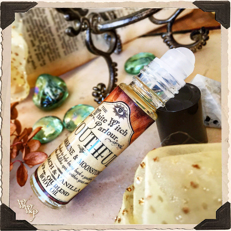 WhiteWitchParlour.com YOUTHFUL Elixir BODY OIL Rollon. Peach, Vanilla. Blessed by Aquamarine, Moonstone. aromatherapy, perfume, oils