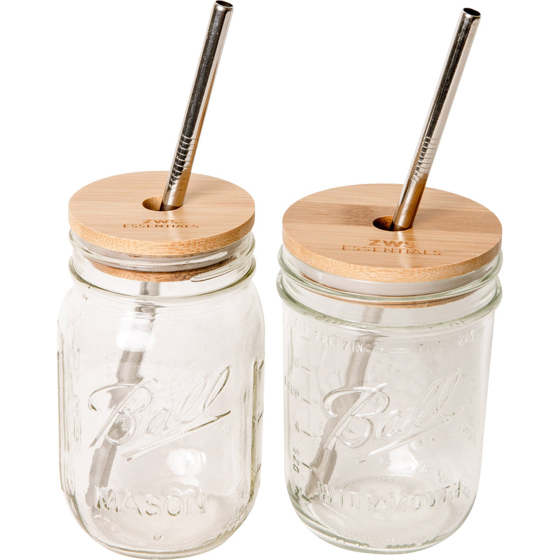 ZeroWasteStore.com Mason Jar Kit- Mason Jar, Bamboo Lid, Stainless Steel Straw Drinkware Sets