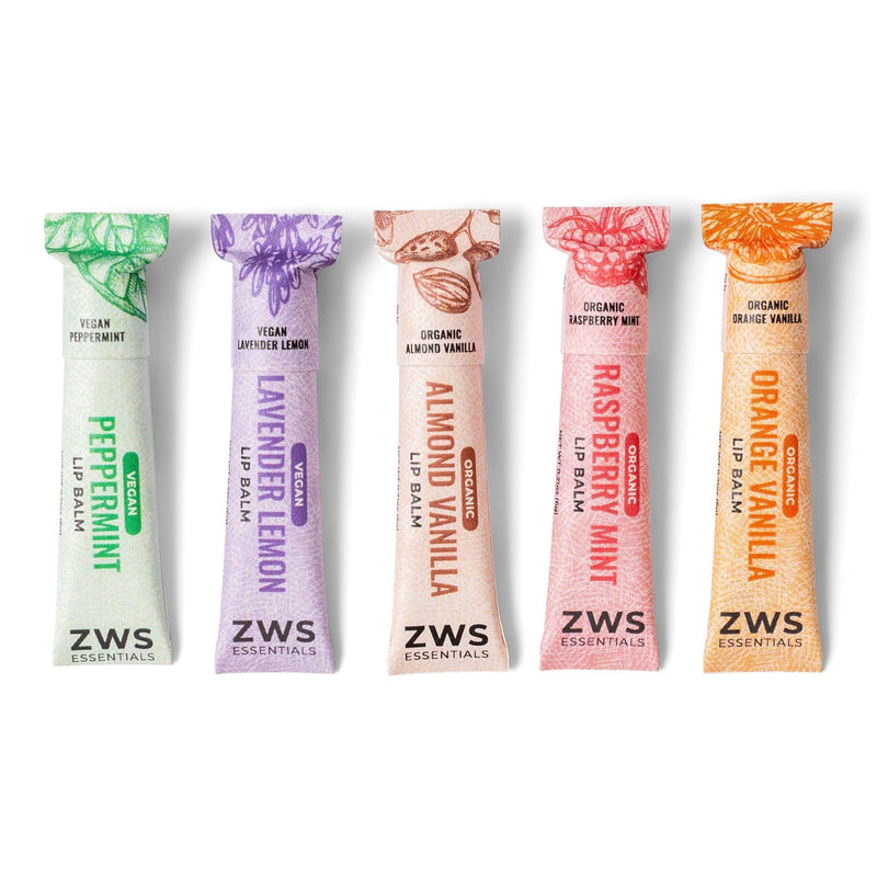 ZeroWasteStore.com All Natural Lip Balm White Smoke Organic Almond Vanilla,Organic Orange Vanilla,Organic Raspberry Mint,Vegan Peppermint,Vegan Lavender Lemon,Lip Balm Set - Bundle of 5,Organic Trio,Vegan Duo