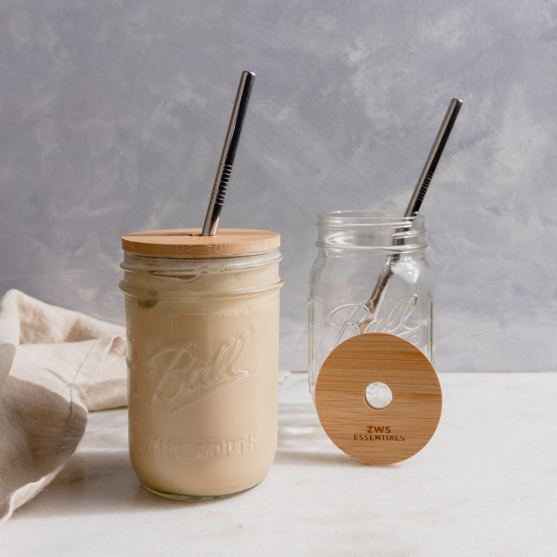 ZeroWasteStore.com Mason Jar Kit- Mason Jar, Bamboo Lid, Stainless Steel Straw Drinkware Sets