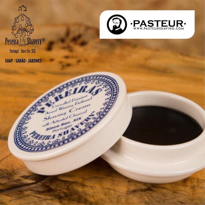 Pereira Shavery Shaving Soap with Activated Charcoal in Ceramic Dish With Water Blossom Aromatherapy