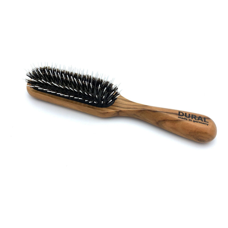 Dural Dural Hair Brush For Styling & Care Rubber Cushion Wild Boar Bristles With Styling Pins Olive Wood Hair Brush
