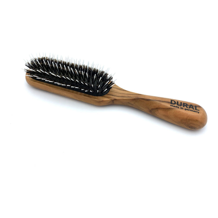Dural Hair Brush For Styling & Care Rubber Cushion Wild Boar Bristles With Styling Pins Olive Wood