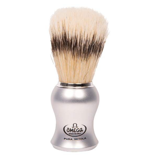Omega Matte Silver Handle Shaving Brush On Black Stand #81229